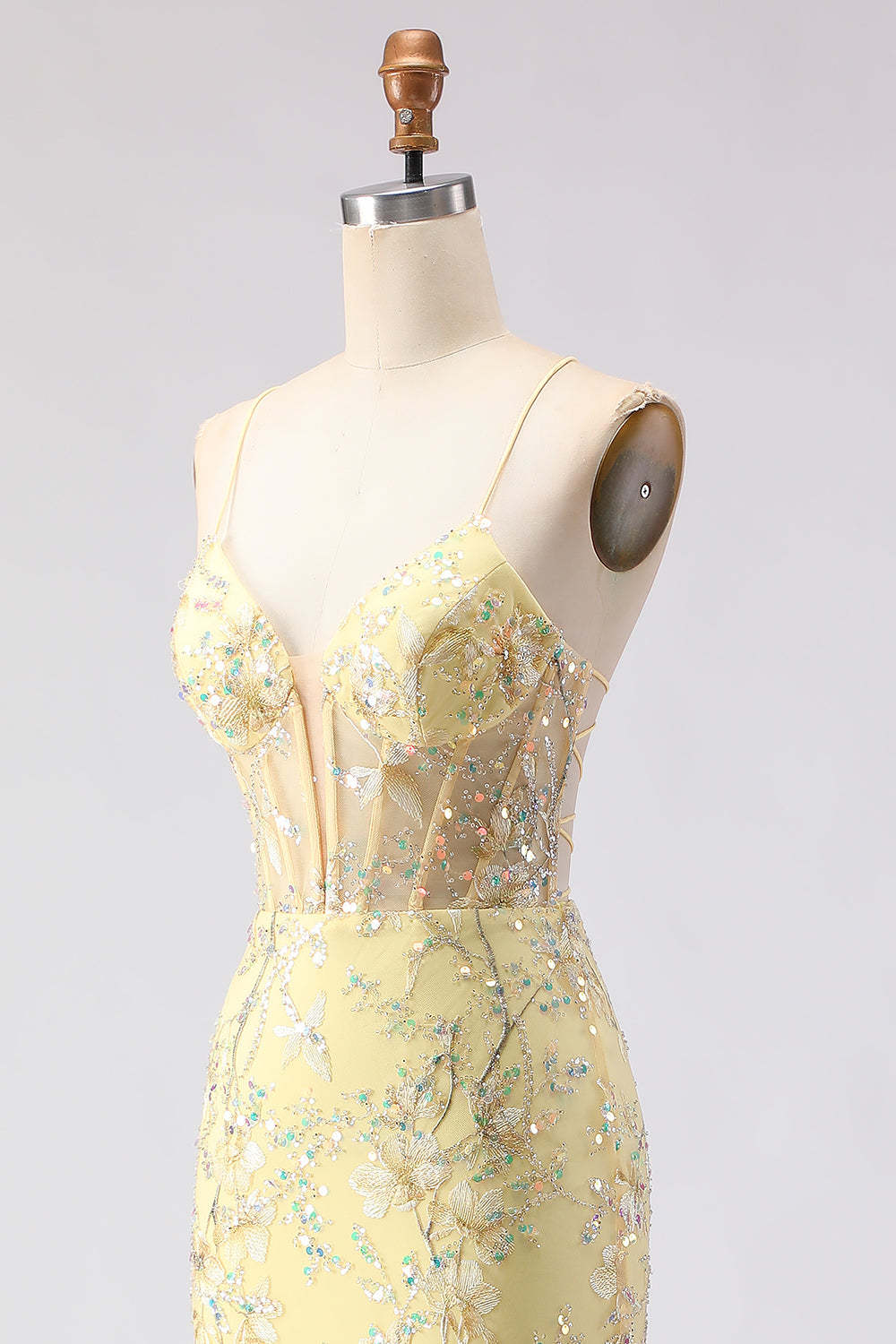 Sparkly Pink Mermaid Beaded Floral Spaghetti Straps Maxi Corset Prom Dress