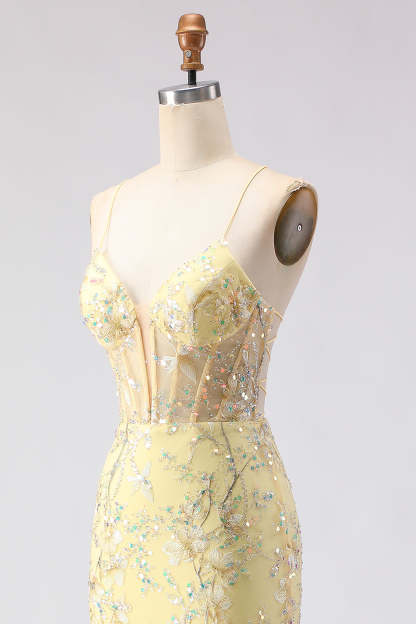 Sparkly Pink Mermaid Beaded Floral Spaghetti Straps Maxi Corset Prom Dress