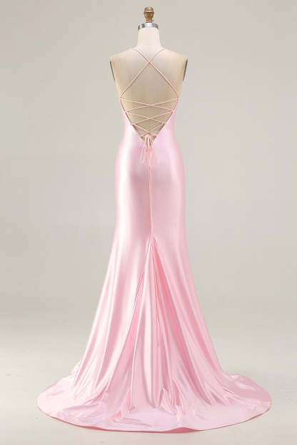 Sparkly Pink Beaded Mermaid Maxi Corset Prom Dress with Slit
