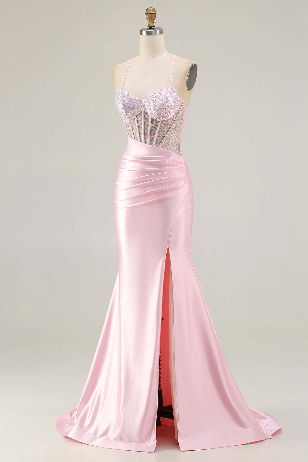Sparkly Pink Mermaid Long Corset Prom Dress with Slit
