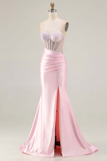 Sparkly Pink Mermaid Long Corset Prom Dress with Slit