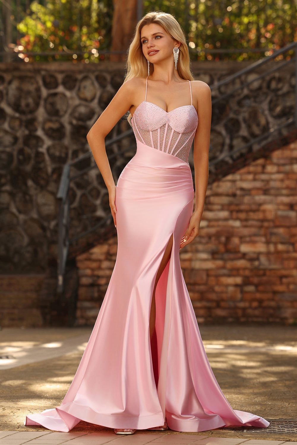 Sparkly Pink Beaded Mermaid Maxi Corset Prom Dress with Slit