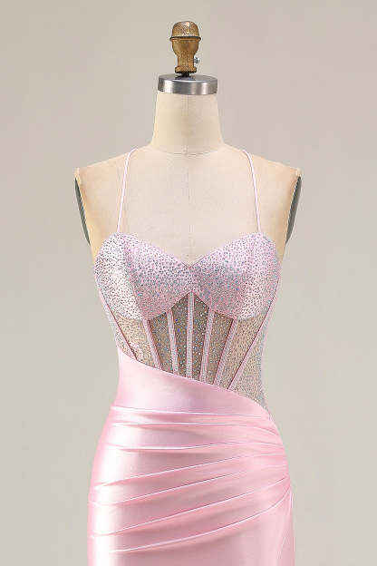Sparkly Pink Mermaid Long Corset Prom Dress with Slit
