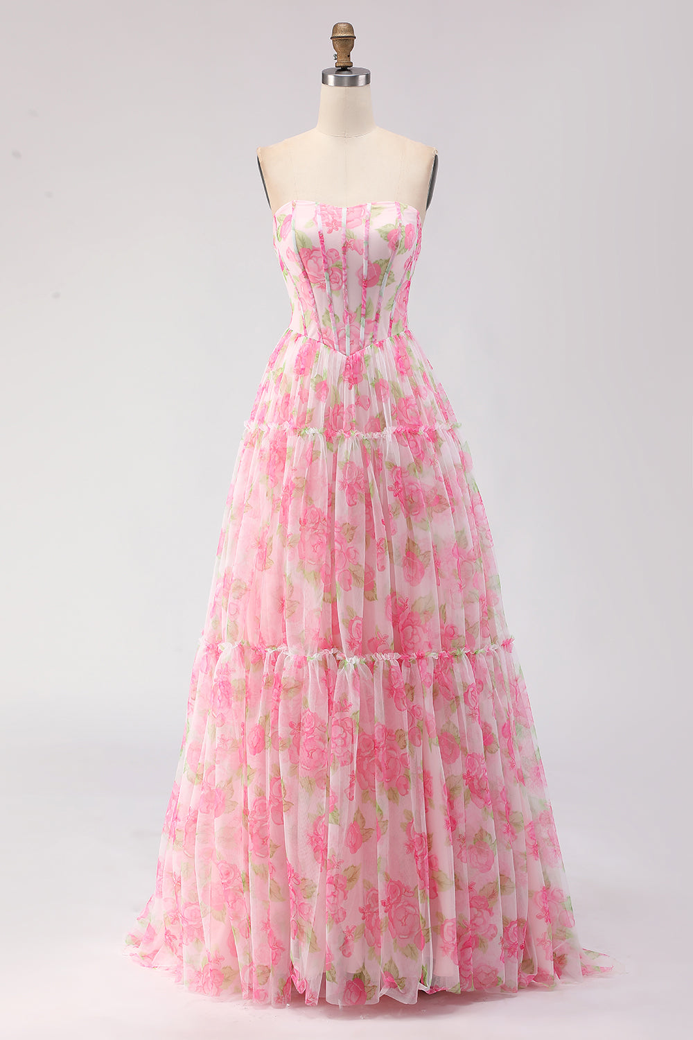 Leely Women Pink Floral Long Corset Prom Dress with Ruffles A-Line Chiffon Strapless Pageant Dress