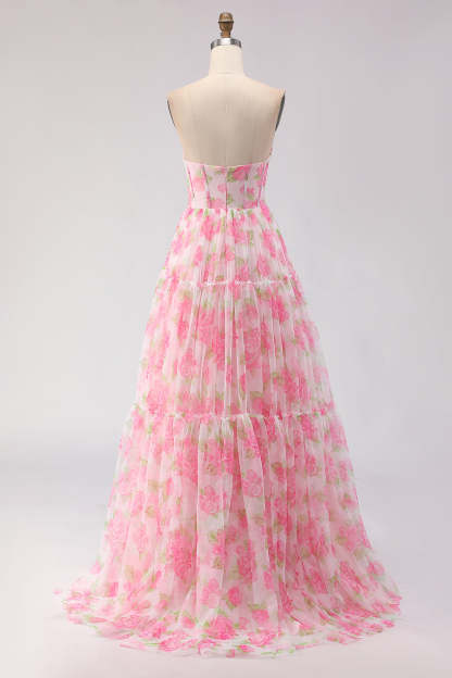 Pink Floral A-Line Chiffon Long Corset Prom Dress with Ruffles