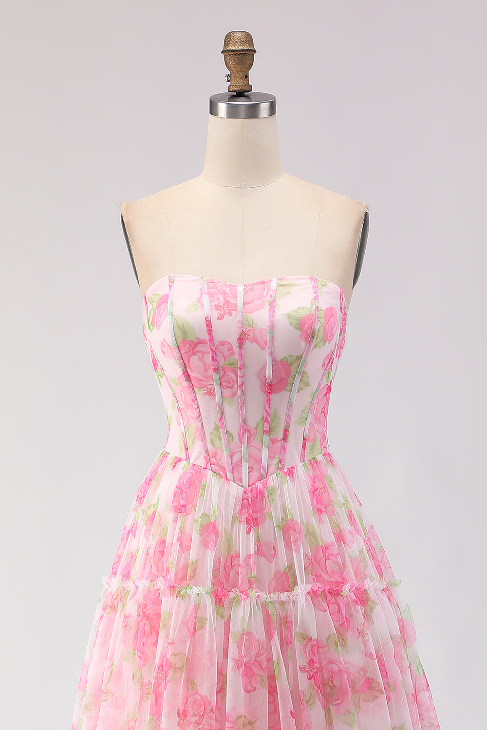 Pink Floral A-Line Chiffon Long Corset Prom Dress with Ruffles