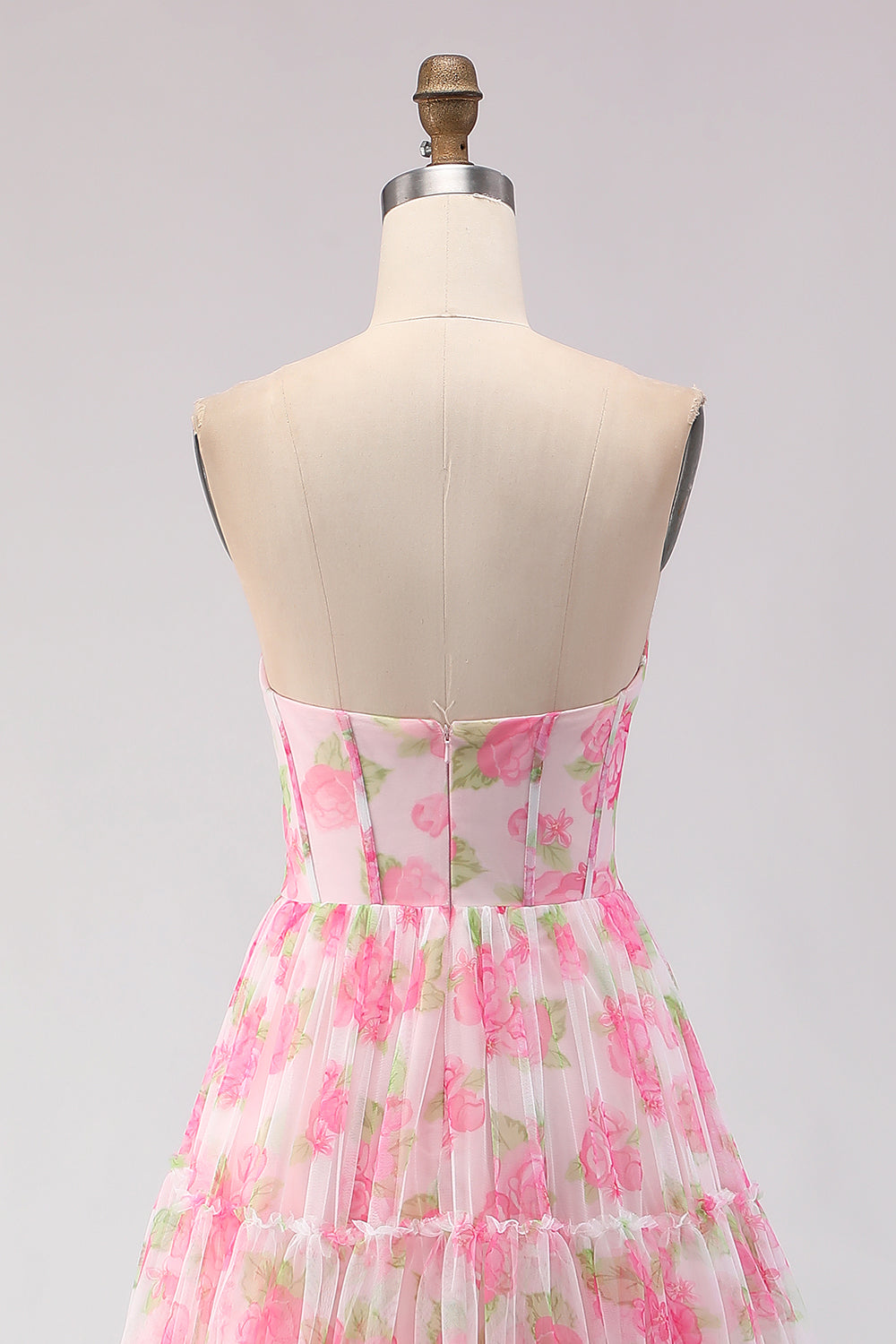 Pink Floral A-Line Chiffon Long Corset Prom Dress with Ruffles