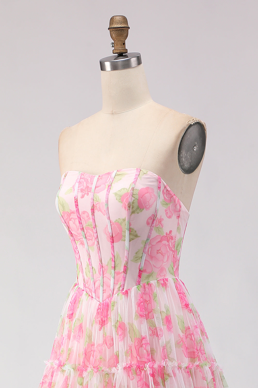 Pink Floral A-Line Chiffon Long Corset Prom Dress with Ruffles
