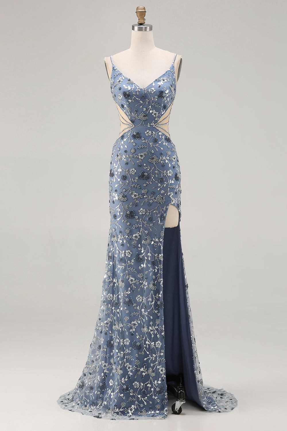 Leely Women Sparkly Dusty Blue Floral Beaded Maxi Prom Dress with Slit Sheath Spaghetti Straps Backless Cut Out Pageant Dress