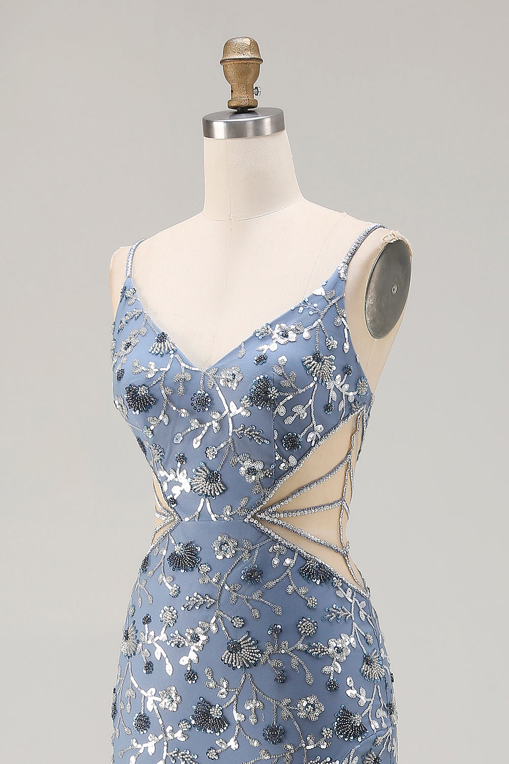 Sparkly Dusty Blue Cut Out Beaded Long Floral Prom Dress with Slit
