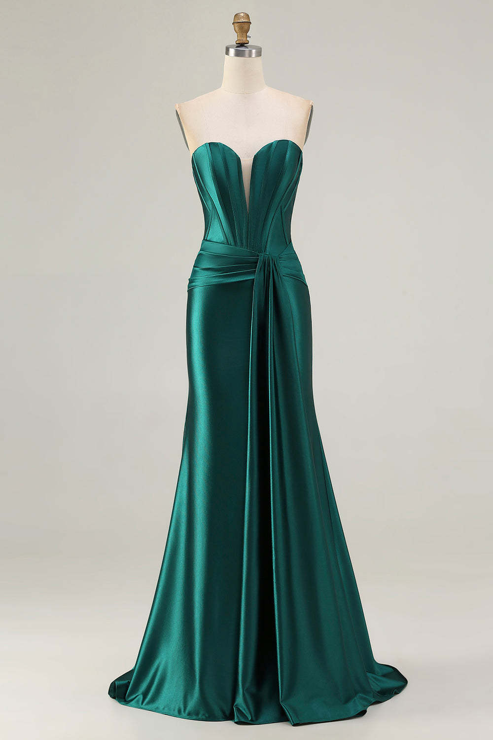 Leely Women Dark Green Corset Maxi Prom Dress Strapless Mermaid Ruched Evening Dress