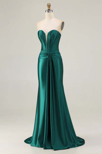 Dark Green Mermaid Strapless Corset Maxi Prom Dress