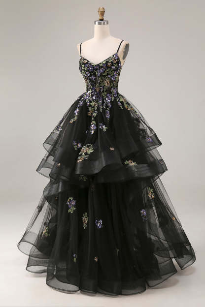 Sparkly Black Sequin Tulle A Line Long Prom Dress with Ruffles