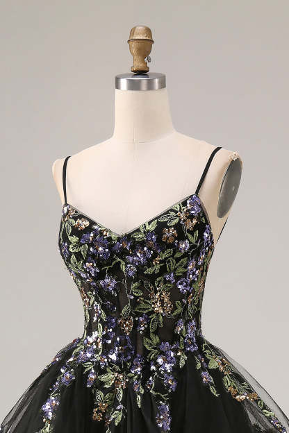 Sparkly Black Sequin Tulle A Line Long Prom Dress with Ruffles