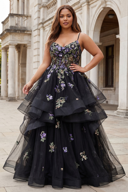 Sparkly Black Sequin Tulle A Line Long Prom Dress with Ruffles