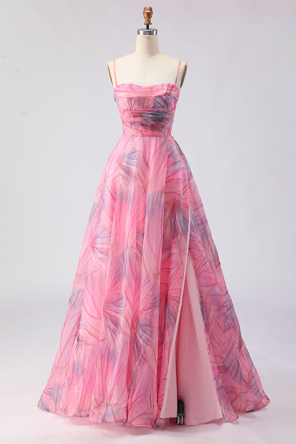 Leely Women Pink Floral Tulle Maxi Prom Dress with Slit Spaghetti Straps Ruched A Line Pageant Dress