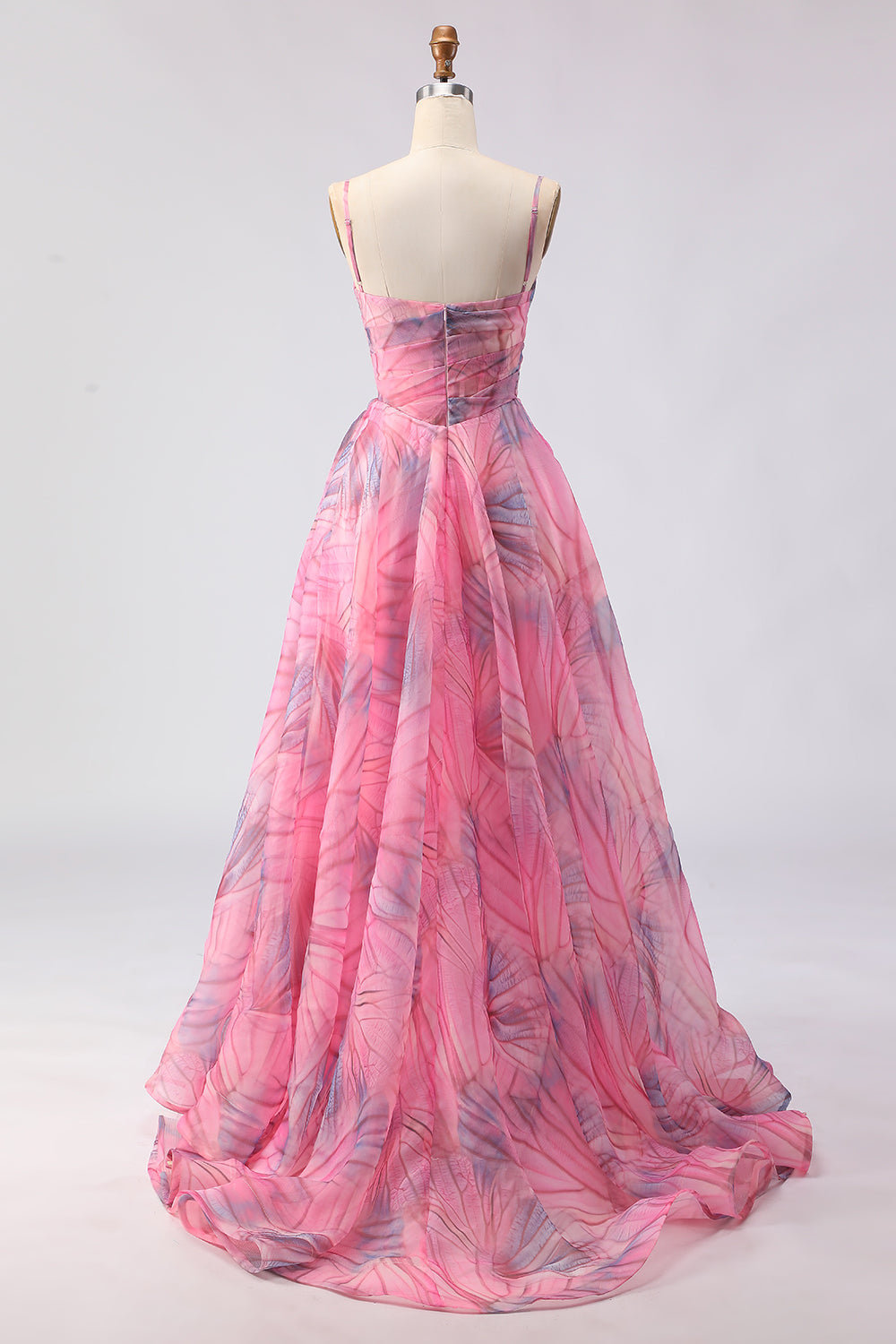 Pink Floral A Line Spaghetti Straps Long Tulle Prom Dress with Slit