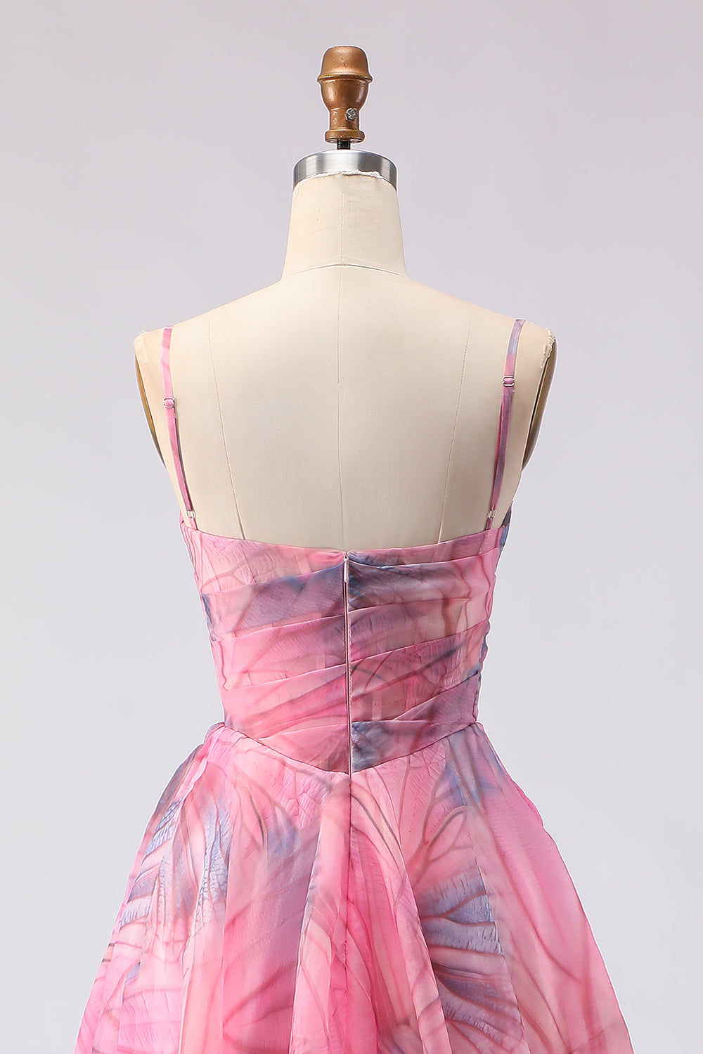 Pink Floral A Line Spaghetti Straps Long Tulle Prom Dress with Slit
