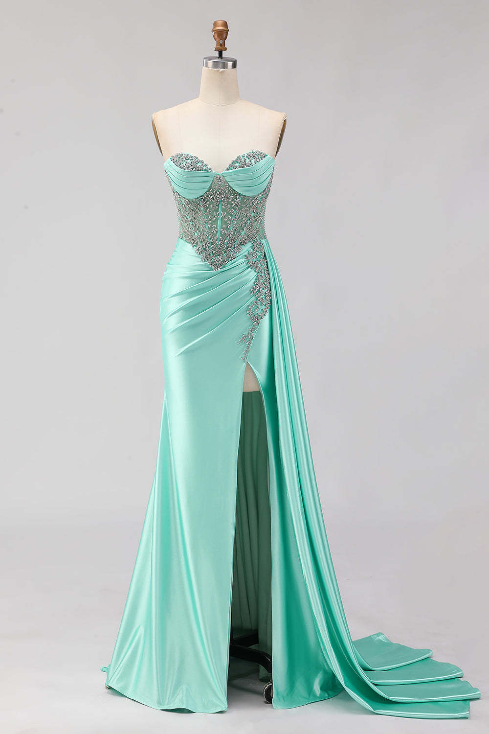 Leely Women Sparkly Mint Green Beaded Maxi Corset Prom Dress with Slit Sweetheart Strapless Ruched Satin Lace Up Back Pageant Dress with Side Cape