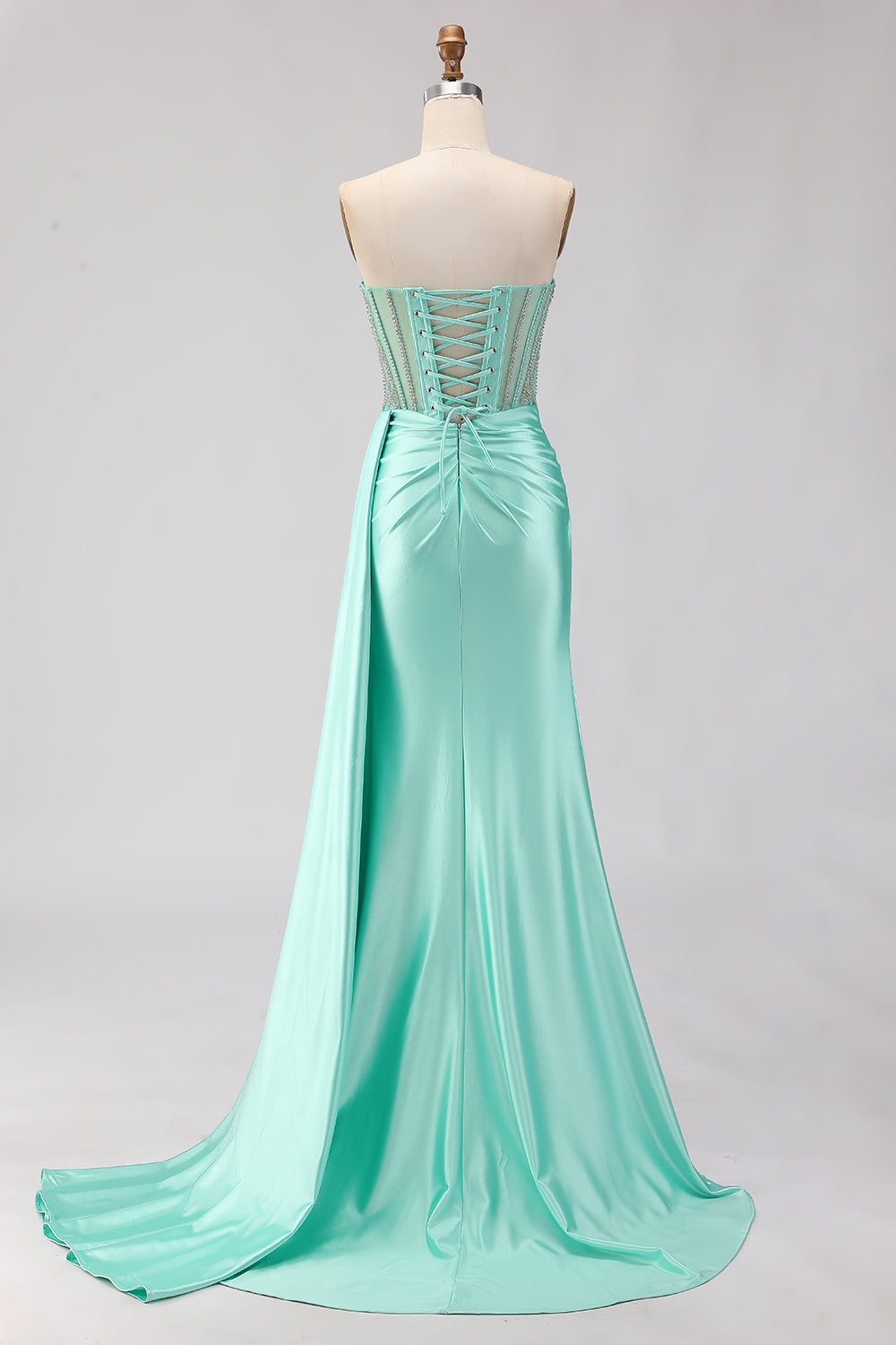 Sparkly Mint Green Mermaid Beaded Long Corset Prom Dress with Slit