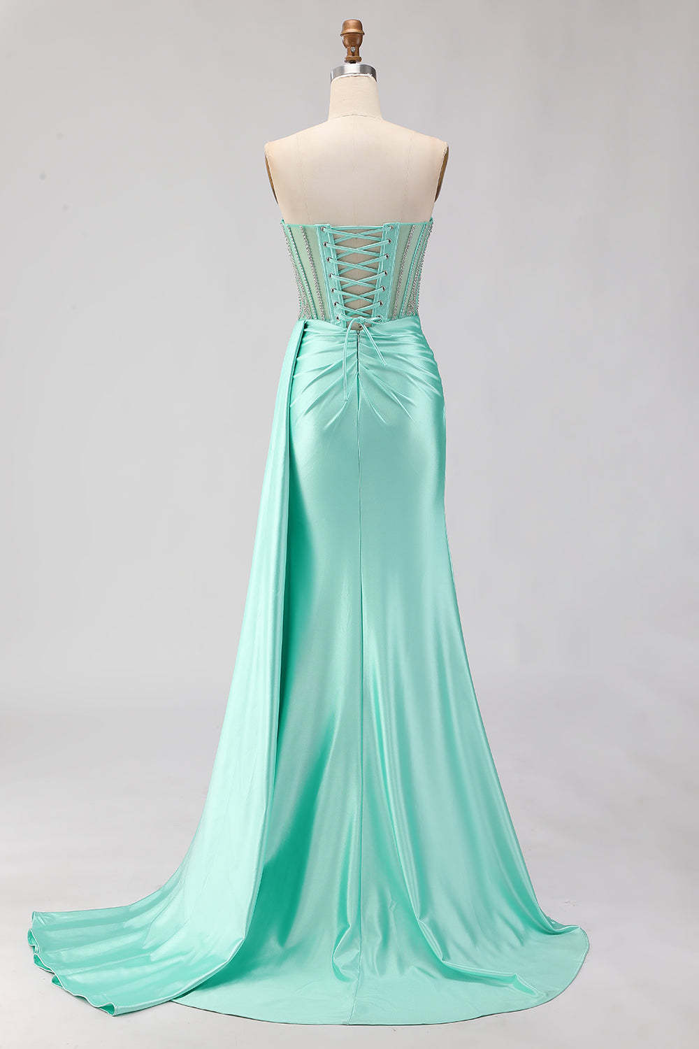 Sparkly Mint Green Mermaid Beaded Long Corset Prom Dress with Slit