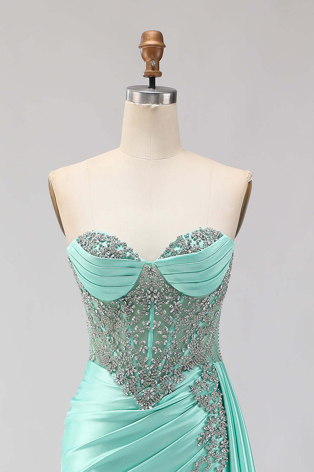 Sparkly Mint Green Mermaid Beaded Long Corset Prom Dress with Slit
