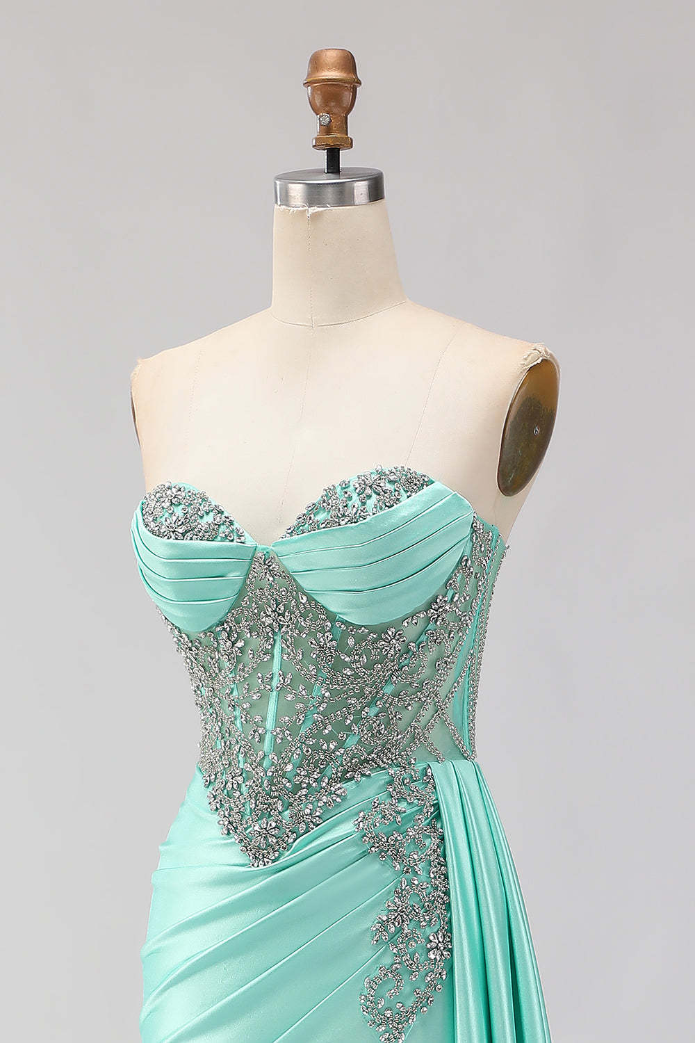 Sparkly Mint Green Mermaid Beaded Long Corset Prom Dress with Slit