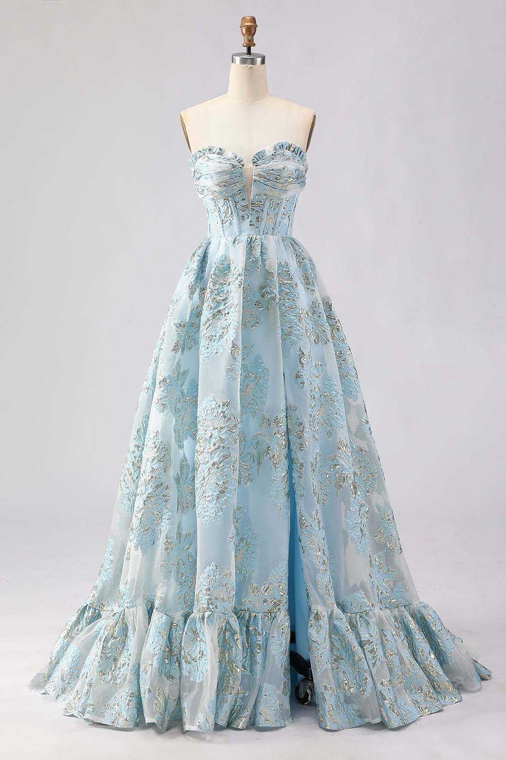 Floral Light Blue Sweetheart Princess Maxi Corset Prom Dress with Slit