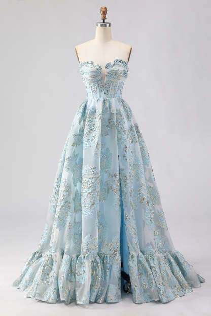 Floral Light Blue Sweetheart Princess Maxi Corset Prom Dress with Slit