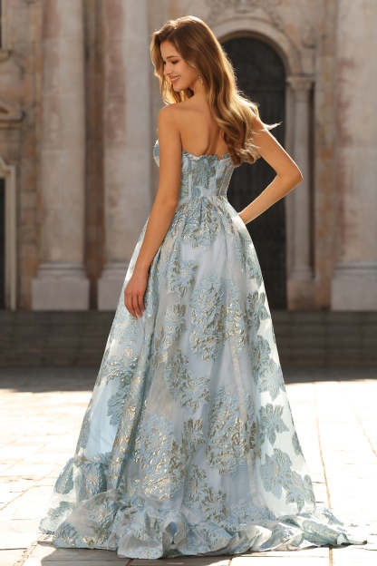 Floral Light Blue Sweetheart Princess Maxi Corset Prom Dress with Slit