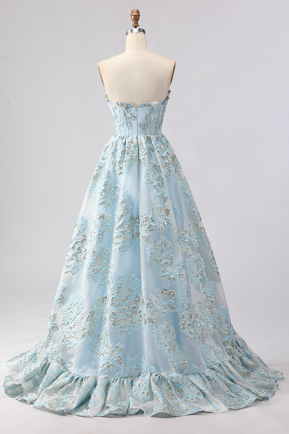 Floral Light Blue Sweetheart Princess Maxi Corset Prom Dress with Slit