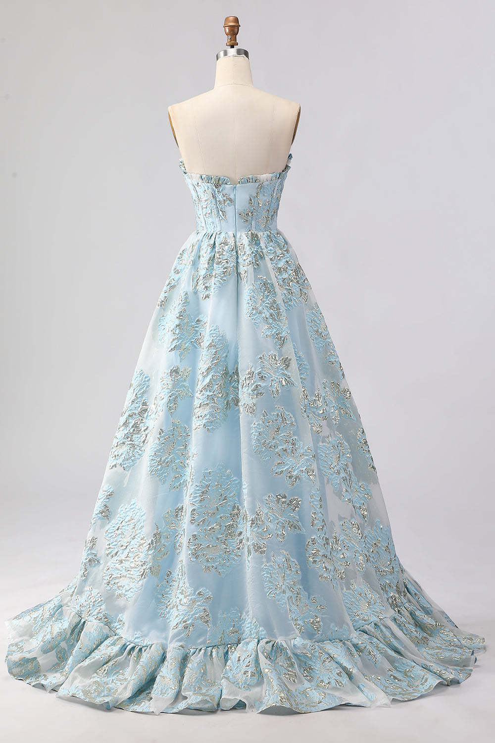 Floral Light Blue Sweetheart Princess Maxi Corset Prom Dress with Slit