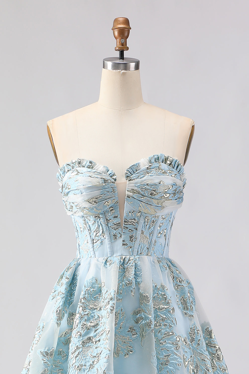 Light Blue Corset Sweetheart Ruffled Long Floral Prom Dress with Slit