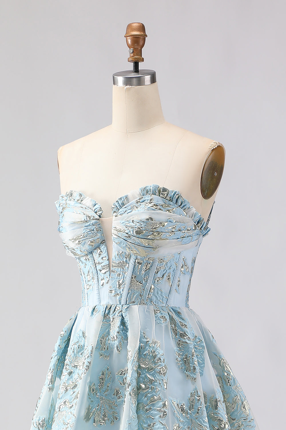 Light Blue Corset Sweetheart Ruffled Long Floral Prom Dress with Slit
