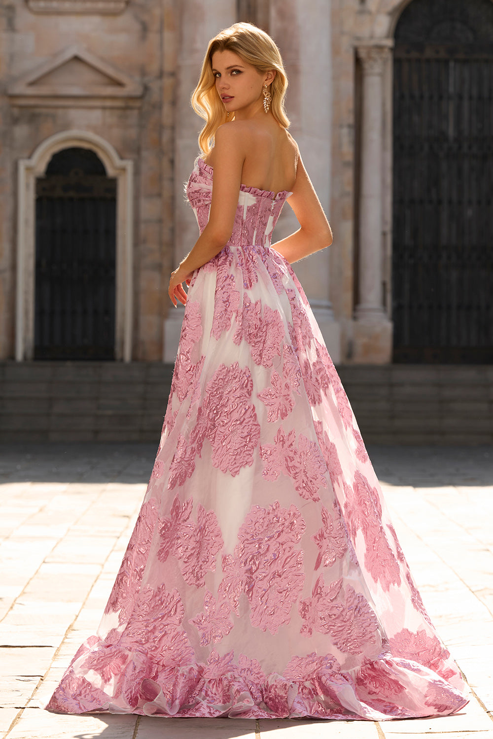 Floral Pink Sweetheart A-Line Maxi Corset Prom Dress with Ruffles