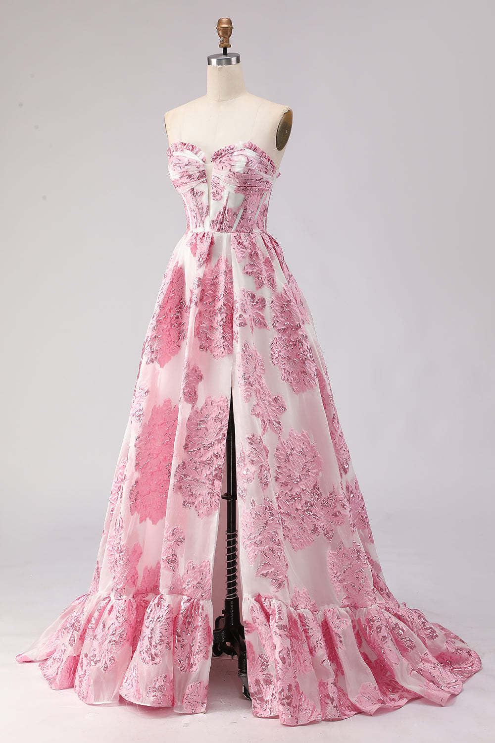 Pink Floral Sweetheart A-Line Long Ruffled Corset Prom Dress with Slit