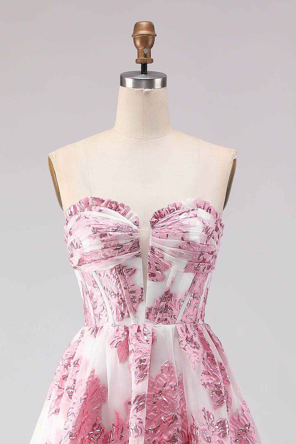 Pink Floral Sweetheart A-Line Long Ruffled Corset Prom Dress with Slit