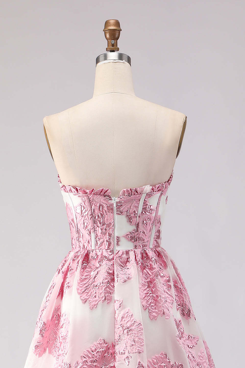 Pink Floral Sweetheart A-Line Long Ruffled Corset Prom Dress with Slit