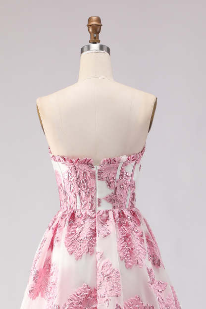 Pink Floral Sweetheart A-Line Long Ruffled Corset Prom Dress with Slit