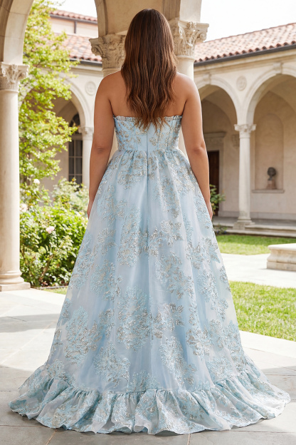 Floral Pink Sweetheart A-Line Maxi Corset Prom Dress with Ruffles