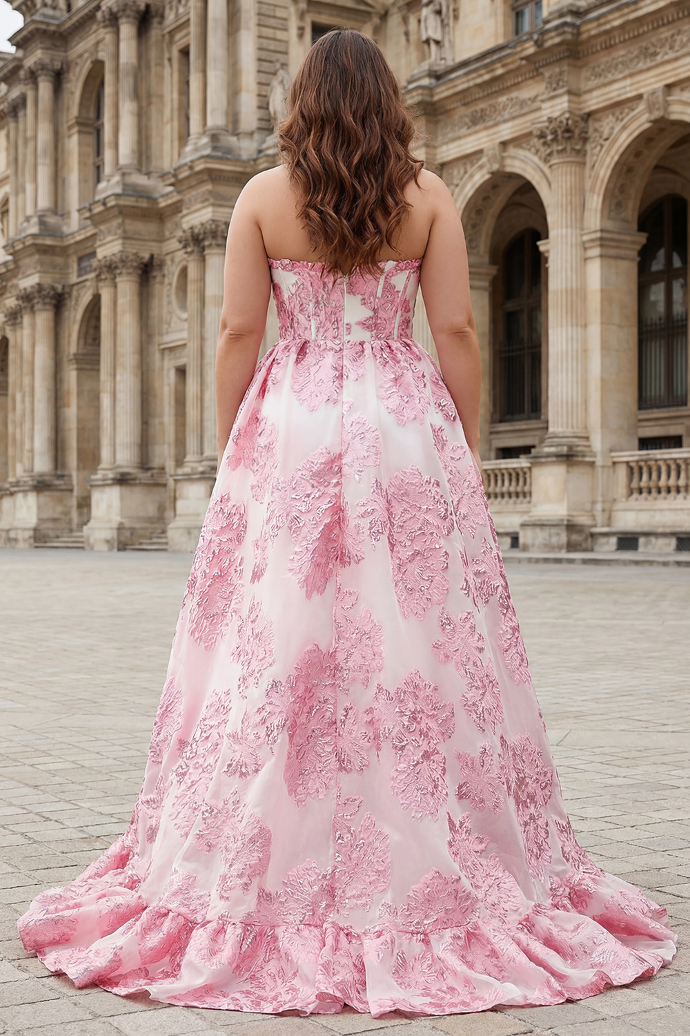Pink Floral Sweetheart A-Line Long Ruffled Corset Prom Dress with Slit
