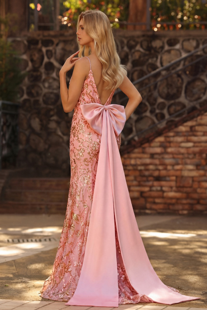 Sparkly Pink Mermaid Sequin Floral Long Prom Dress with Bow
