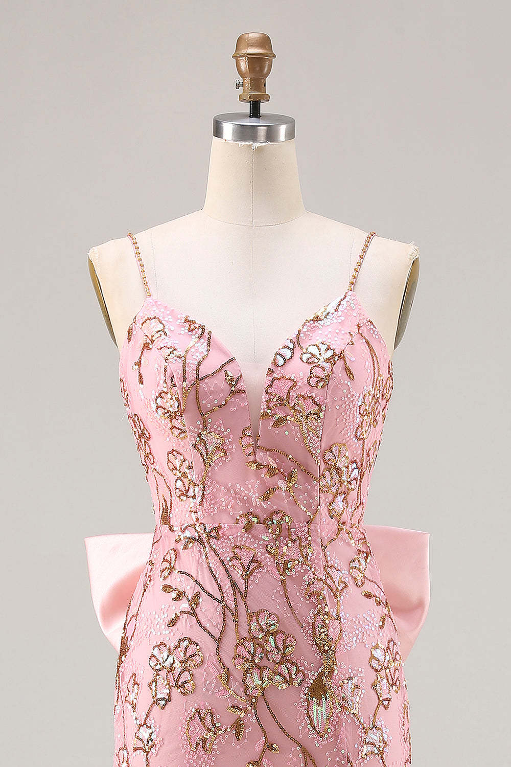 Sparkly Pink Mermaid Sequin Floral Long Prom Dress with Bow