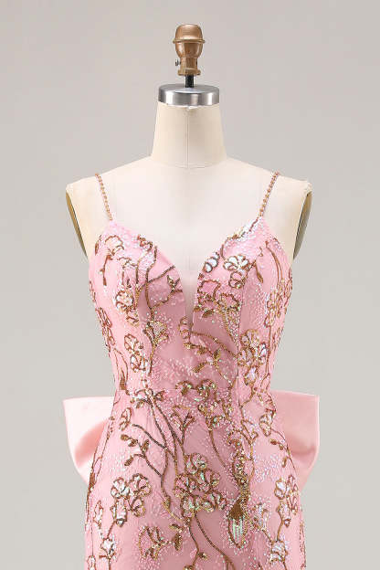 Sparkly Pink Mermaid Sequin Floral Long Prom Dress with Bow
