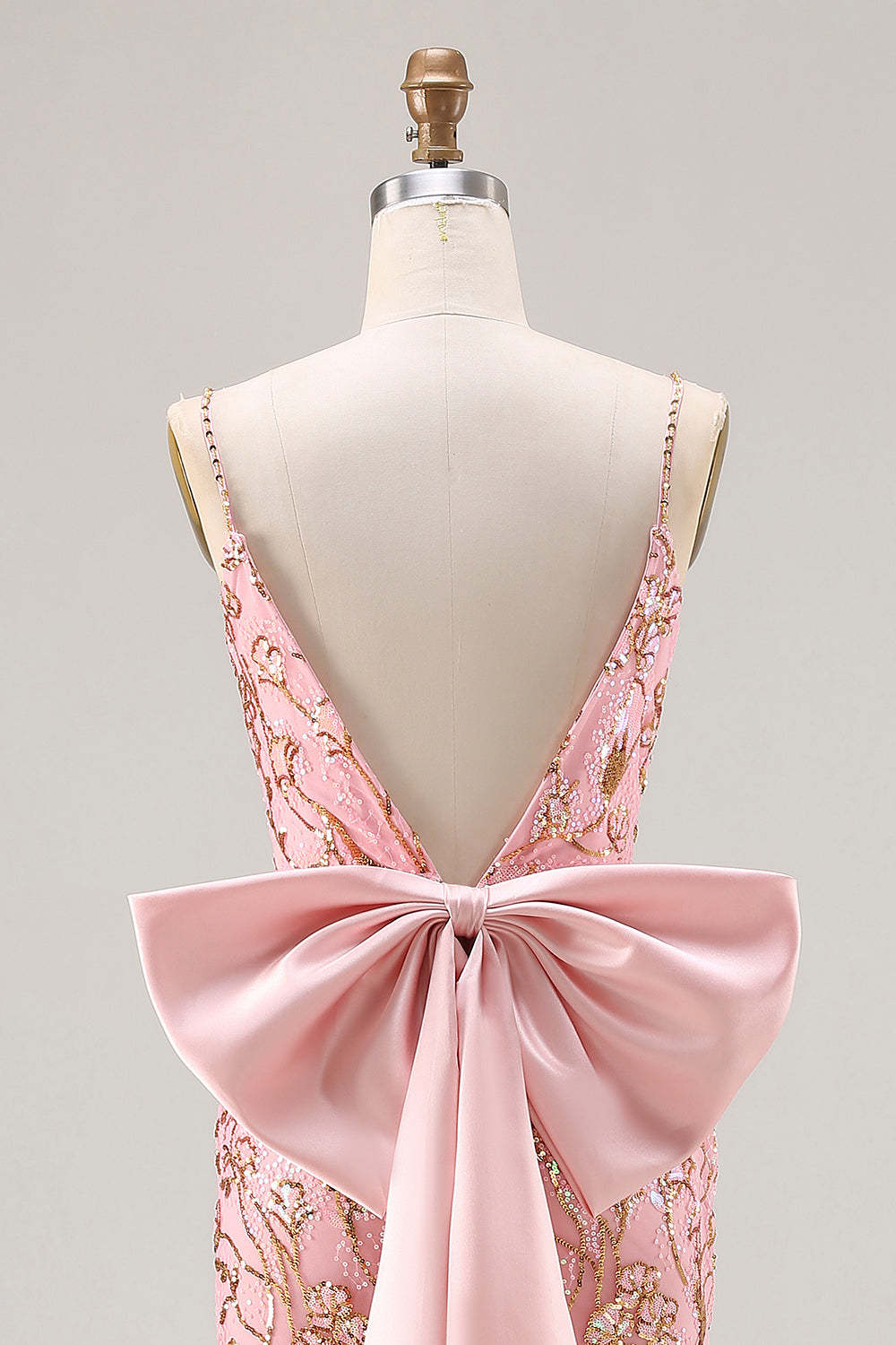 Sparkly Pink Mermaid Sequin Floral Long Prom Dress with Bow