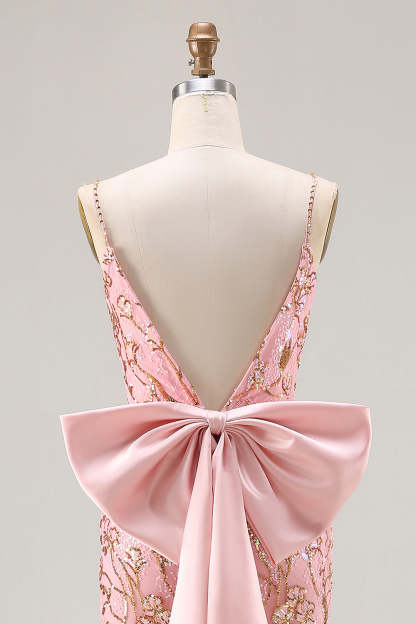 Sparkly Pink Mermaid Sequin Floral Long Prom Dress with Bow