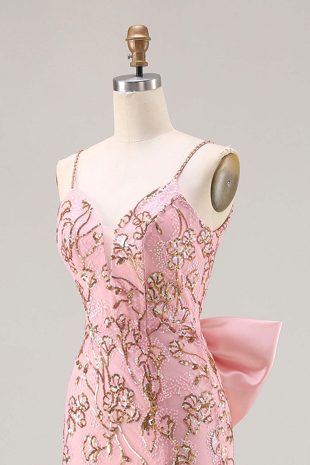 Sparkly Pink Mermaid Sequin Floral Long Prom Dress with Bow