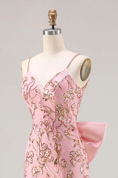 Sparkly Pink Mermaid Sequin Floral Long Prom Dress with Bow