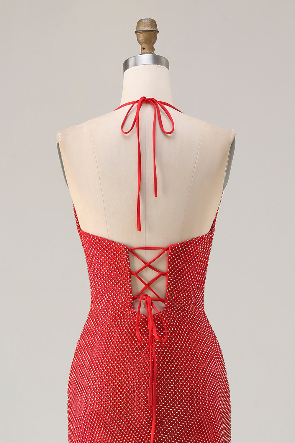 Sparkly Red Mermaid Beaded Halter Long Prom Dress with Slit