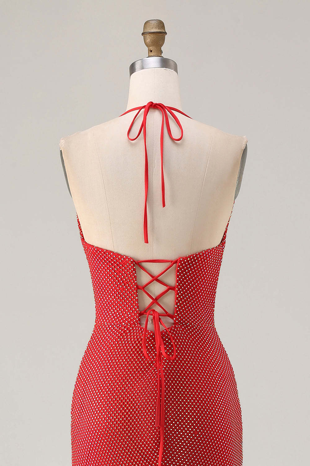 Sparkly Red Mermaid Beaded Halter Long Prom Dress with Slit